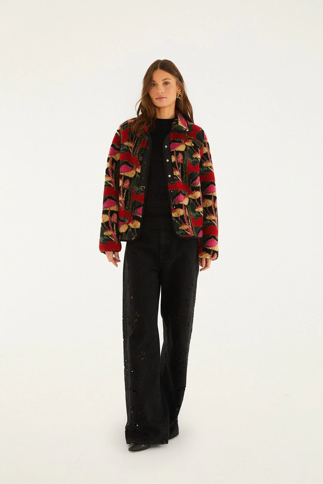 Black Wild Mushrooms Fleece Bomber Jacket - Image 4